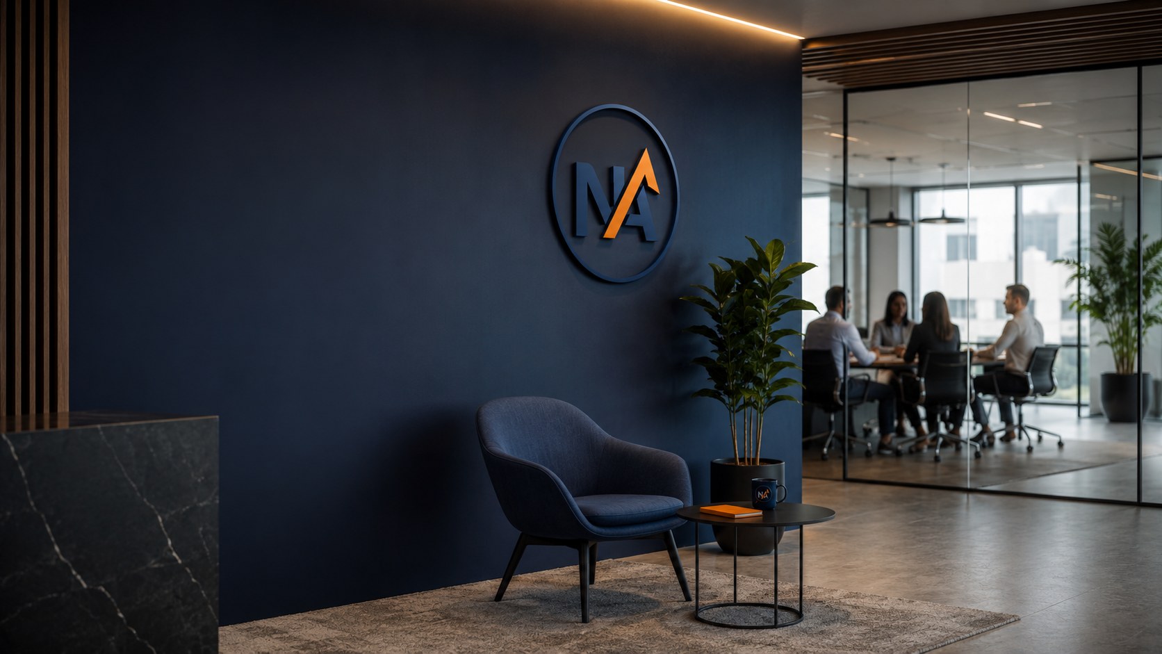 Espace d’accueil professionnel avec logo Nanev Agency